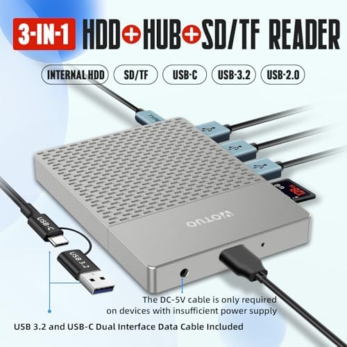 YOTUO Docking Station External Hard Drive Storage, USB-C Hub + HDD 7-in-1, USB 3.0, SD/TF Card, HDD for Windows, Mac, Android, iOS (iPhone 15/16/17), TV, Phone, Laptop, Desktop, PC (Silver, 1TB) - Image 2