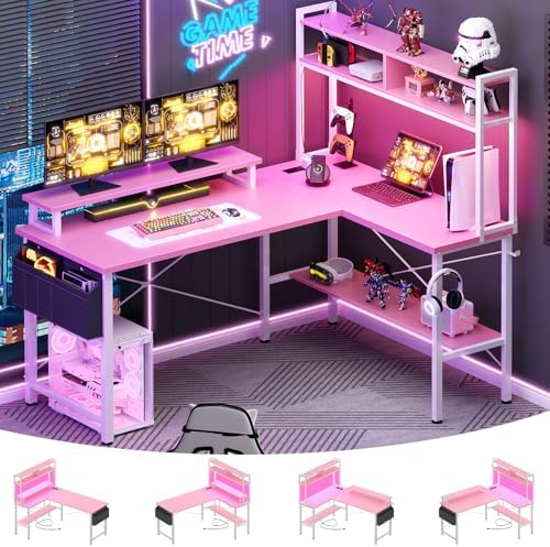 Aheaplus L Shaped Gaming Desk with Power Outlets & LED Lights, Pink by Aheaplus