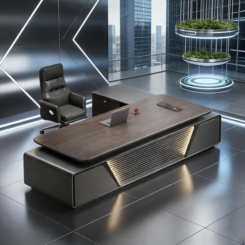 Modern L-Shaped Executive Desk with Drawers, Wooden Office Desk with Hidden Power Outlet, Digital Combination Lock, Aluminum Inlaid Desktop for Home & Professional Office by Unknown