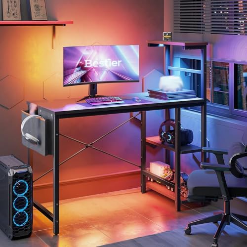 Bestier Gaming Desk with LED Lights, 44 Inch PC Gamer Desk for Small Spaces, Computer Desk with Reversible Storage Shelves & Side Storage Bag (Black Grained) - Image 2