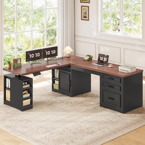 SEDETA Farmhouse L Shaped Electric Standing Desk, 63" x 67" Height Adjustable Office Executive Desk with Drawers and Shelves, Standing Computer Desks with Power Outlet for Home Office, Black+Brown - Image 3