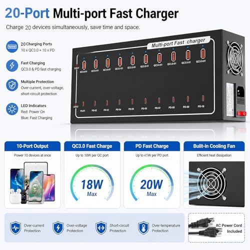 20-Port Fast Charging Station 400W, USB C and USB A Charger Dock with Smart Power Distribution Technology，for Multiple Devices, PD/QC Fast Charging Support - Image 2
