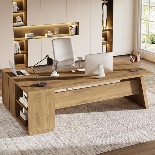 Tribesigns 78" L-Shaped Executive Desk, Large Modern Office Desk with Drawers and Lateral File Cabinet, Business Furniture with Storage Shelves, Big Computer Table for Home Office (Brown) by Tribesigns
