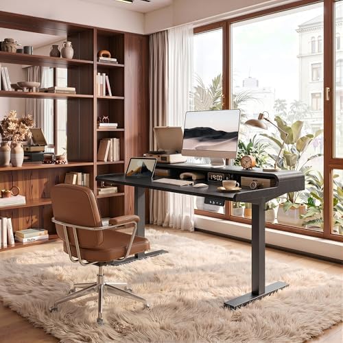 TIQLAB Standing Desk with Storage, 47"×24" Electric Adjustable Desk with Monitor Shelf for Home Office, Stand Up Desk for Study, Work, Writing, Black - Image 2