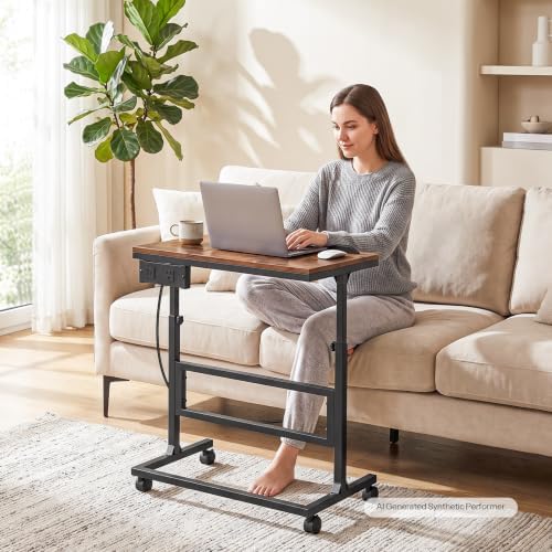 HOOBRO Height Adjustable Side Table with Charging Station, Rolling Desk - Image 2