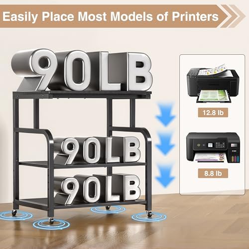 niffgaff Mobile Printer Stand with Large Desktop - 3 Tier Shelf, 24.4 Inch Height, Wooden Organizer for Home&Office, Black - Image 3
