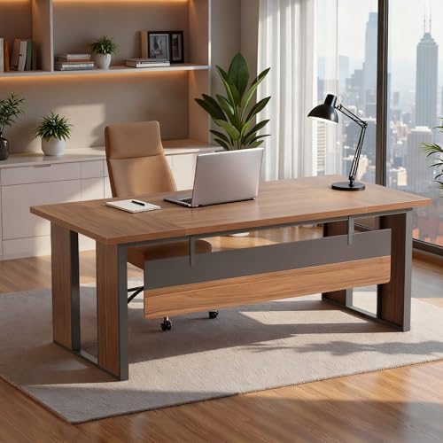 Tribesigns 63" Executive Desk, Modern Office Desk with Privacy Panel & Metal Frame, Large Computer Desk for Home Office, Writing Study Workstation Business Furniture (Brown & Black, Only Table) by Tribesigns