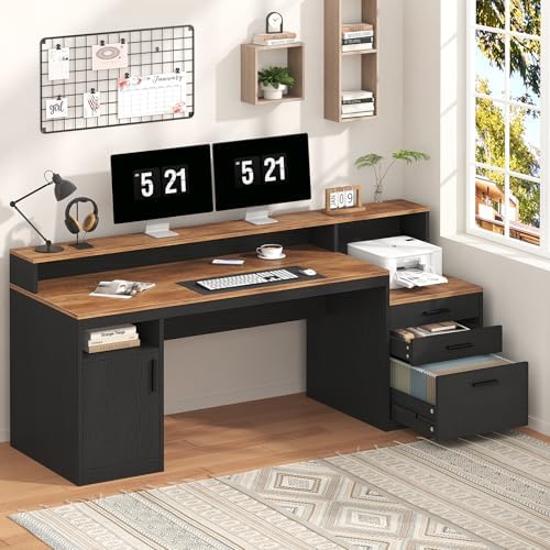 YOMILUVE Computer Desk with 3 Drawers & Storage Shelves, 65 Inch Home Office Desk with File Drawer & Cabinet, Writing Study Desks with Monitor Stand & Printer Shelf, Executive Desk, Brown and Black - Image 3