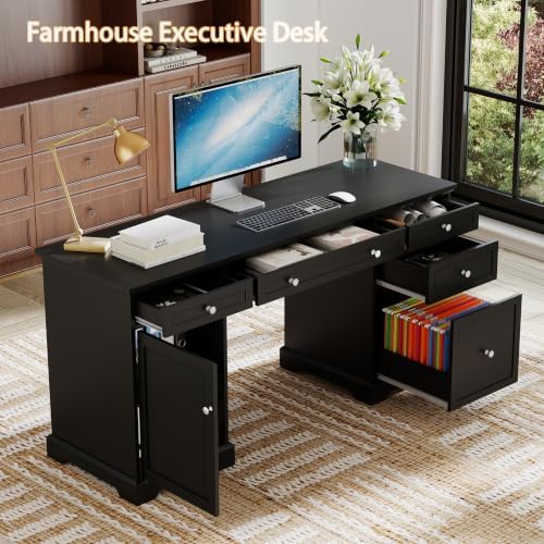 Black Executive Desk with Drawers: 60" Farmhouse Home Office Desks - Image 5