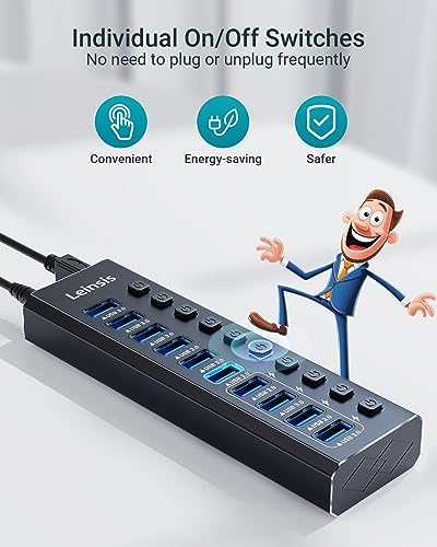 Powered USB Hub 3.0, Leinsis 10-Port USB 3.0 Hub [Durable Aluminum] 10 Data Transfer Ports+ 4 Smart Charging Ports with Individual On/Off Switches, USB Hub 3.0 Powered with Power Adapter for Laptop PC - Image 4