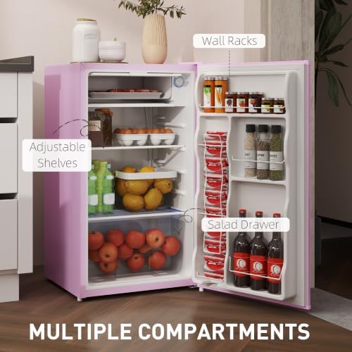 HOMCOM 3.2 Cu.Ft Mini Fridge with Freezer Single Reversible Door Pink - Image 5
