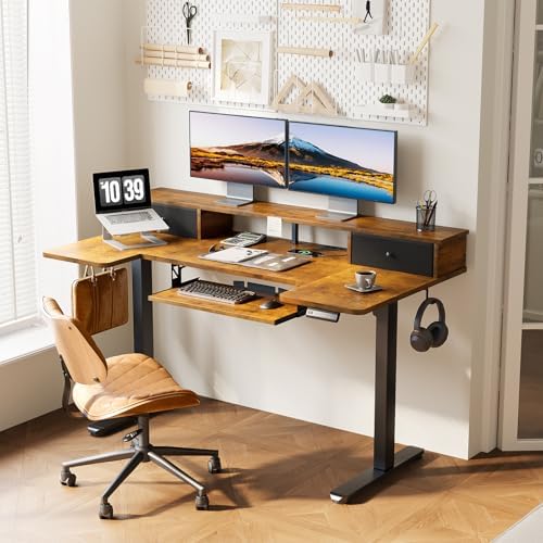 OffiGo 55 Inch U Shape Standing Desk, Keyboard Tray & Drawers, Rustic Brown - Image 2