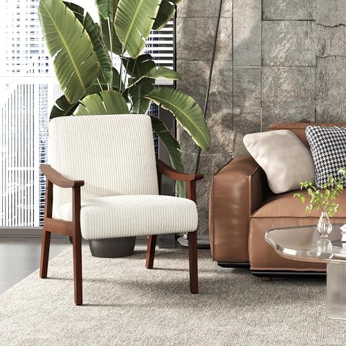 Yaheetech Accent Chairs, Mid-Century Corduroy Fabric Armchairs, Beige - Image 2