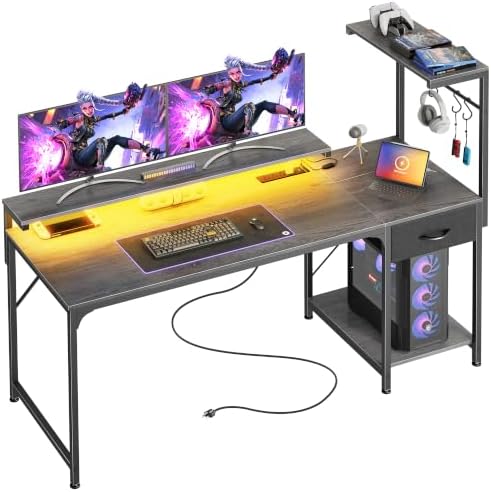 PRAISUN 55.1 Inch Gaming Desk with LED Lights & Power Outlets by PRAISUN
