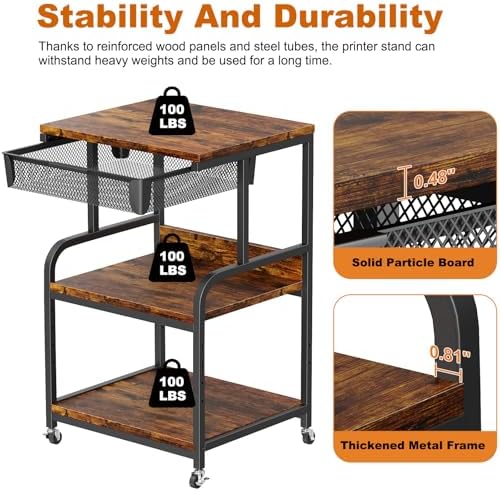 EasyCom Large Printer Stand with Drawer, 3-Tier Industrial Rolling Cart - Image 6