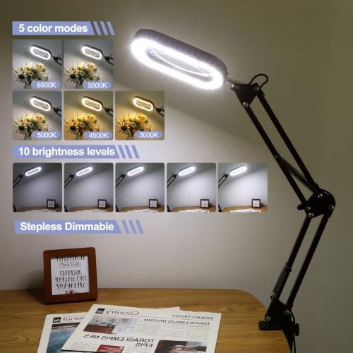 30X 12X Square Magnifying Glass with Light and Stand, Real Glass LED Lighted Magnifier, 5 Color Modes Stepless Dimmable, Hands-Free Mag Desk Lamp with Clamp for Reading Craft Hobby Close Work Black - Image 2