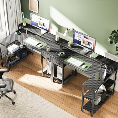 SUPERJARE 47 inch L Shaped Gaming Desk with LED Lights & Power Outlets, Reversible Computer Desk with Shelves & Monitor Stand, Corner Desk with Drawer, for Home & Office, Carbon Fiber Black - Image 6