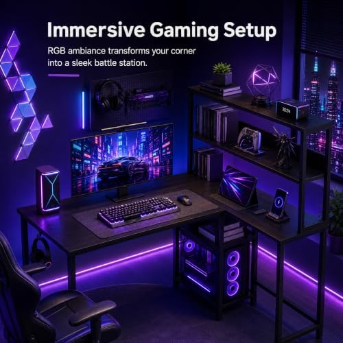 HealSmart L Shaped Desk Gaming Desk with LED Light & Power Outlet, 43 Inch Reversible Computer Table with Shelf & Storage Shelves & Hook, Corner Desk for Home Office, Black - Image 4