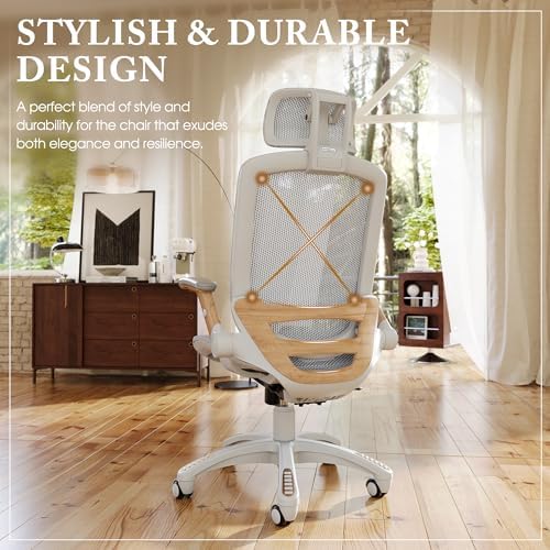 GABRYLLY Ergonomic Office Chair, High Back Home Desk Chair with Flip-Up Arms, Headrest, 90-120° Tilt and Wide Cushion, 300LBS White Mesh Chair for Work Gaming Study (GY01-NT, Woodgrain Pattern) - Image 6