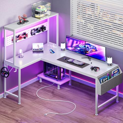 PRAISUN L Shaped Gaming Desk with LED Lights & Power Outlets by PRAISUN