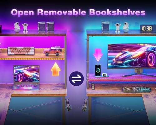 ODK 53" L Shaped Gaming Desk with Shelves, LED & Outlets, Vintage - Image 6