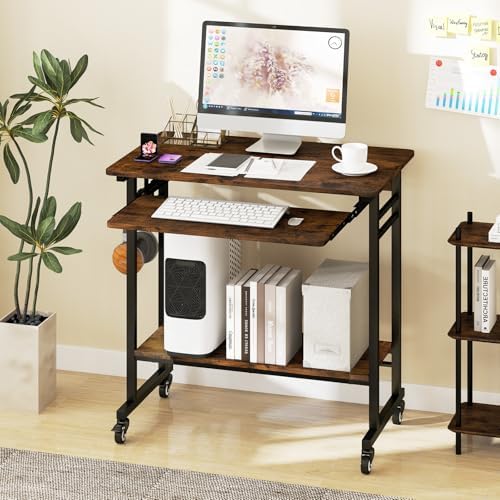 Tangkula Rolling Computer Desk Cart with Keyboard Tray, Mobile Portable Laptop PC Desk with CPU Stand & 3 Hooks for Sofa & Bed, Industrial Small Desk on Wheels for Small Spaces, Home Office Desk - Image 2