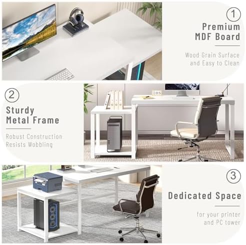 FOLUBAN Large White Computer Desk, Home Office Desk with Printer Space & PC Tower Stand, Modern Study Writing Table Workstation for Living Room Bedroom, 63 Inch - Image 5