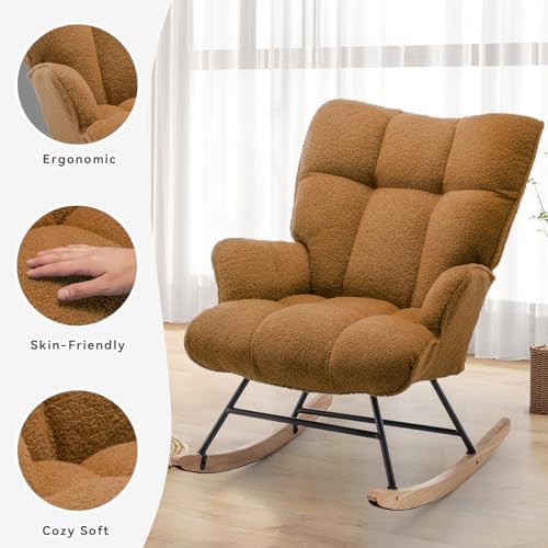 SAETSFEG Rocking Chair Nursery Teddy Upholstered Glider Rocker Rocking Accent Chair Padded Seat with High Backrest Armchair Comfy Side Chair for Living Room Bedroom Offices (Caramel Brown Teddy) - Image 5