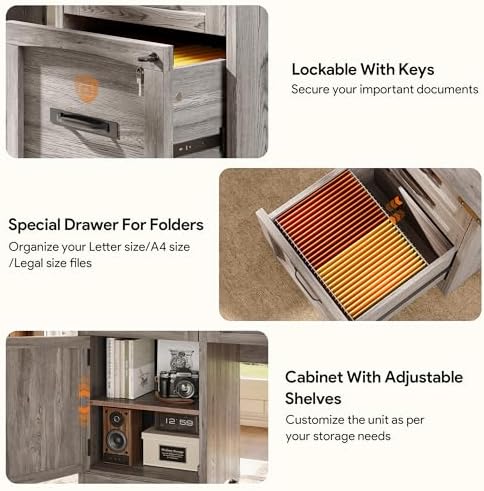 Decofy Farmhouse Executive Desk with Drawers, 55" Home Office Desks with Fast Charging Station, Lockable File Cabinet, Wood Writing Computer Desk for Work, Study, Grey - Image 4