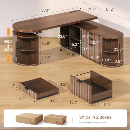SEDETA 57" L Shaped Standing Desk with Storage, Electric Height Adjustable Curved Executive Desk, Fluted Desk with Drawers & Power Strip for Home Office, Brown - Image 2