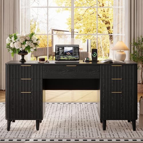 55.1" Fluted Executive Desk with Drawers, Wood Computer Desk with Storage Cabinet, Home Office Desk with Charging Station, Farmhouse Desk with File Cabinet for Office Home - Image 7