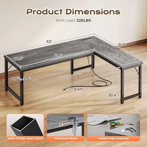Huuger 63 Inch L Shaped Desk with Power Outlets & 0.95 Inch Thicker Desktop - Image 3