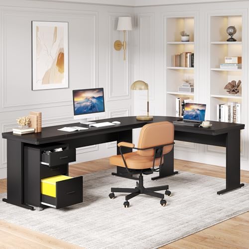 Tribesigns L-Shaped Executive Desk, Large Office Desk with 3-Drawer File Cabinet, Industrial Corner Computer Table with Drawers, Business Workstation for Home Office (Black, 83") - Image 4