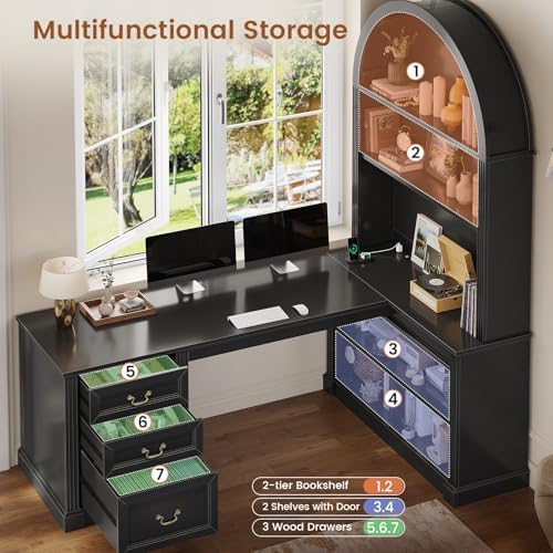 SEDETA 67" L Shaped Desk with Tall Arched Bookshelf & 3 Drawers Storage - Image 5