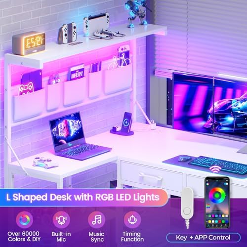 SEDETA Corner Computer Desk, Reversible L Shaped Computer Desk with Fabric Drawers and Power Outlet, 47.2” Gaming Desk with LED Lights, Storage Shelves and Hutch, White - Image 4