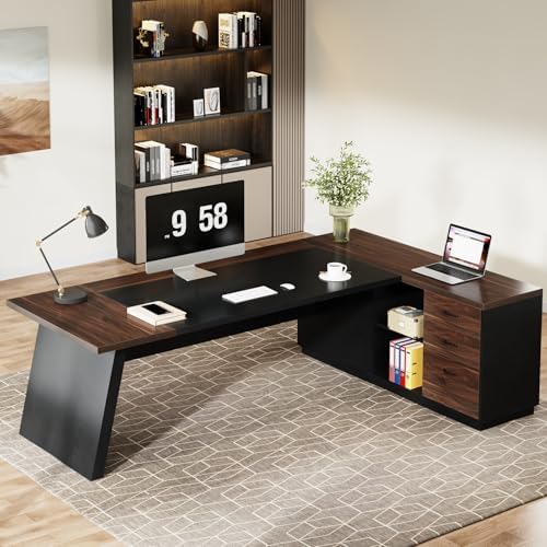 Tribesigns 78" L-Shaped Executive Desk, Large Office Desk with Drawers and File Cabinet, Modern Business Furniture for Home Office (Walnut & Black) - Image 5