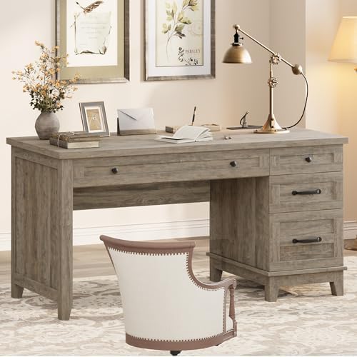 Garvee 53.5" Wooden Home Office Desk with File Drawers, Executive Desk with Power Outlet, Farmhouse Wood Desk with Storage, Distressed Study and Work Table, Rustic Grey by Garvee