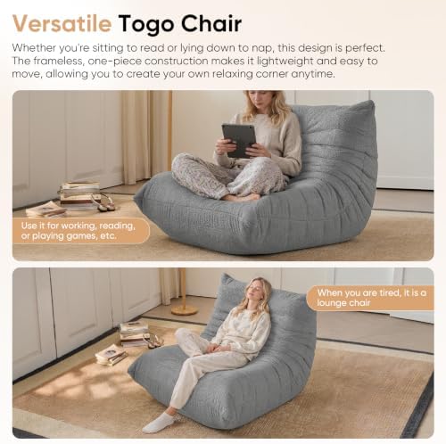 Adults Bean Bag Chairs Togo Couch Comfy Lazy Floor Sofa, Grey,1 Seater - Image 4