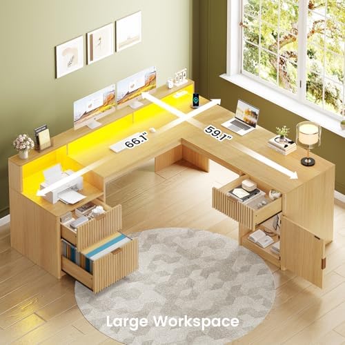 SEDETA 66" Modern L Shaped Desk with Drawers, Fluted Home Office Desk with File Cabinet and Printer Shelf, Wood Executive Desk with Monitor Stand, Power Outlets, Led Lights, Oak - Image 3
