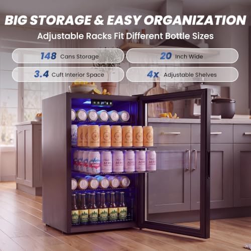 20" Beverage Refrigerator, 3.4 Cu. Ft. Drink Cooler with Glass Door Black - Image 3
