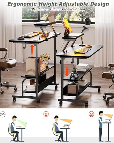 Height Adjustable Standing Desk with Power Outlets and LED Lights - 32" Manual Stand Up Desk with Monitor Stand and Storage Shelves Small Mobile Rolling Computer Desk Portable Laptop Table, Black - Image 4