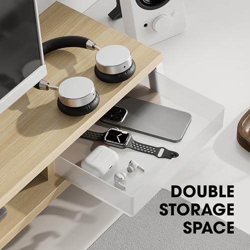 Fenge Dual Monitor Stand Riser, 42.5in Desk Shelf with 2 Drawers, Oak - Image 5