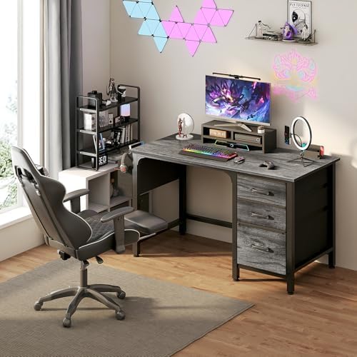 Lufeiya Computer Desk with File Drawers Cabinet, 47 Inch Home Office Desks with Filing Cabinet for Small Space, Gaming Study Writing Table PC Desks, Gray - Image 2