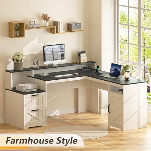 63" Farmhouse L Shaped Desk with Drawers & Printer Shelf for Home Office - Image 3