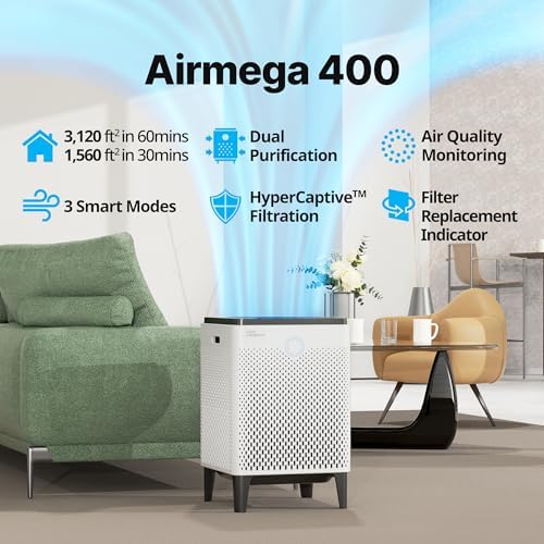 COWAY Air Purifier for Home Up to 3,120ft², Washable Pre-Filter and HEPA Filter for Smoke, Allergies, Pet Dander, Odor, AQI, Auto & Sleep Mode, Timer, 5yr Warranty, Airmega 400 White, AP-2015F - Image 2