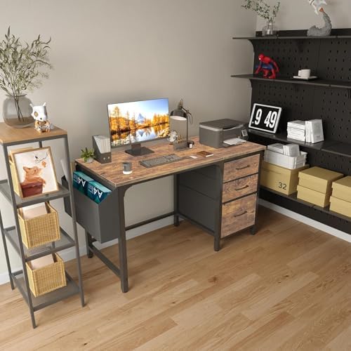 Lufeiya Computer Desk with File Drawers Cabinet, 47 Inch Reversible Home Office Desks with Fabric Filing Cabinet for Small Space, Study Writing Table PC Desks, Rustic Brown - Image 2