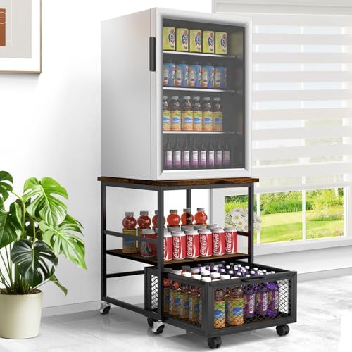 19.7x19.7in Mobile Mini Fridge Stand with 3 Storage,Small Beverage Refrigerator Table with Wheels Rolling Compact Drawer Cart,Great for Dorm Home Office, Printer Stand, Coffee Table by SUGITEK