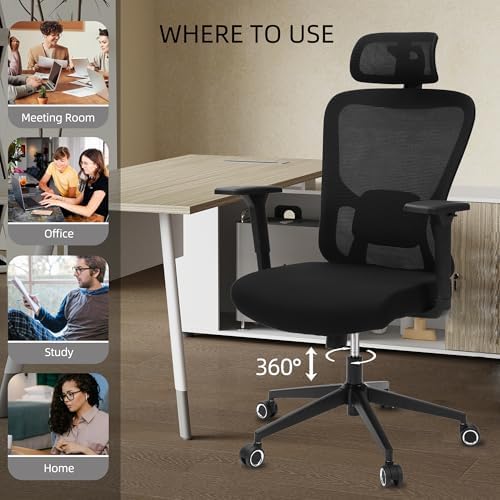 Monhey Black Office Chair, Ergonomic Office Chair, Home Office Desk Chair for Big and Tall People, Computer Chair with Adjustable Headrest, Lumbar Support, Flip-Up Arms, PU Wheels (03black) - Image 6