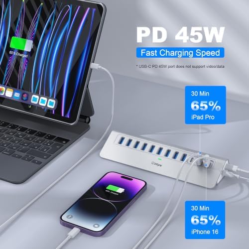 Powered USB Hub 10Gbps, intpw YH9AC 12 Port USB C Hub with 10Gbps USB C 3.2+2 USB A 3.2, 7 USB 3.0, 2 PD 45W Charging Port, 65W Power Adapter + 3.3FT Cable, Aluminum USB Hub for PC/Laptop/iPhone 17/16 - Image 4