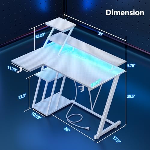 Korfile 40 Inch White Gaming Desk with LED Lights & Power Outlet, Small Gaming Computer Desk with Storage Shelves, L Shaped Gamer Workstations with Monitor Stand for Bedroom - Image 2